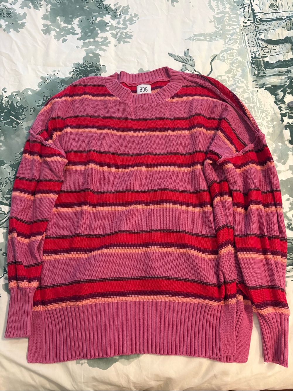 BDG Pink & Red Striped Knit Crewneck Sweater with Accent Stripes